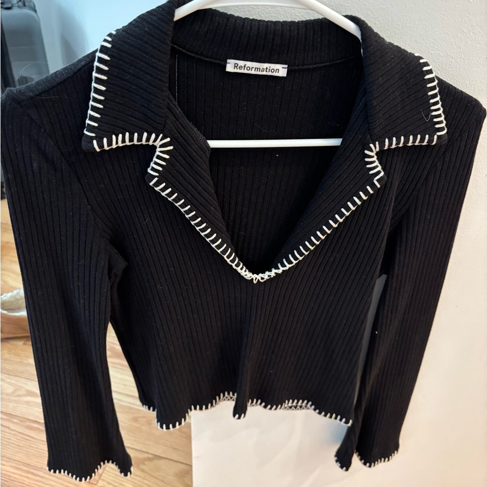 Reformation Black Ribbed Collared Top with White Stitching